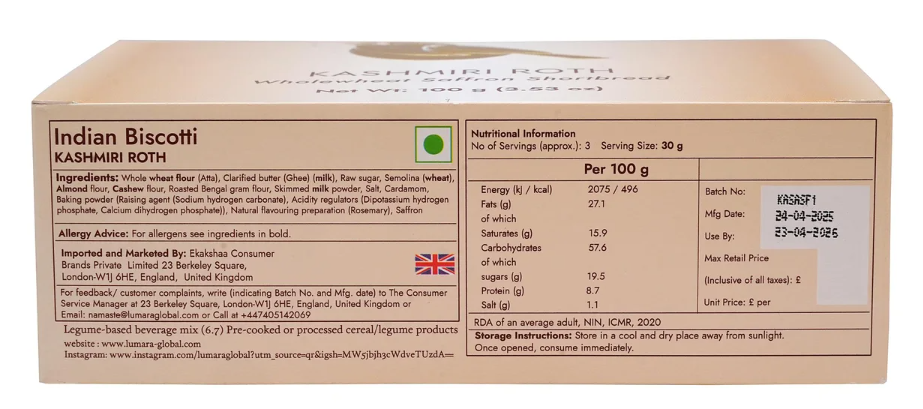 Lumara Wholewheat Saffron Shortbread Kashmiri Roth