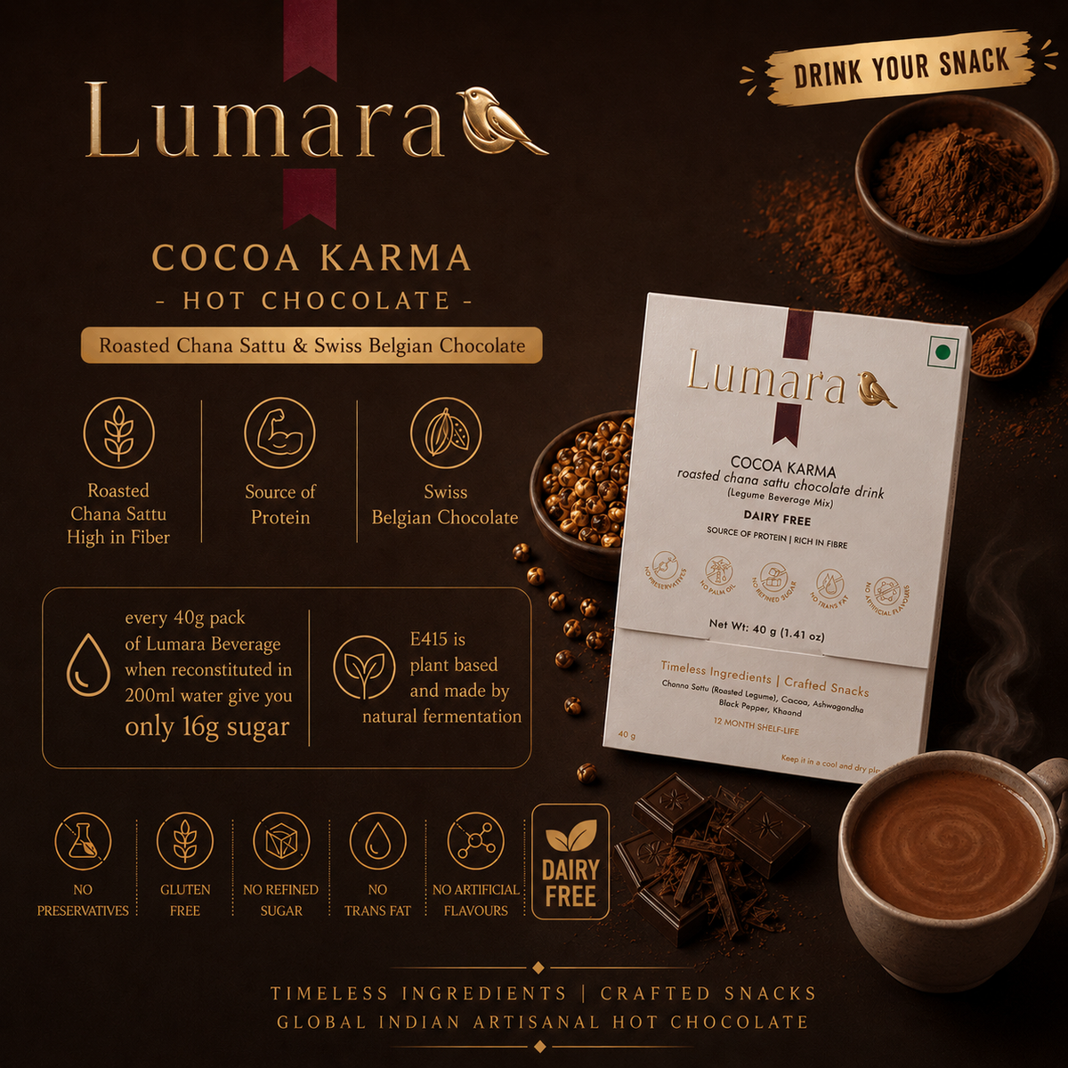 Lumara Cocoa Karma roasted chana sattu chocolate drink DAIRY FREE